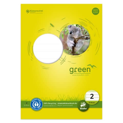 Staufen Green, Arbeitsblätterblock A4, 50 Blatt, 80 g/qm, 4/4/4mm liniert farbig, Lin2