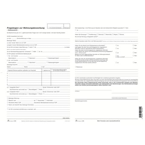 Fragebogen zur Wohnungsbewerbung, 2 Seiten, DIN A4