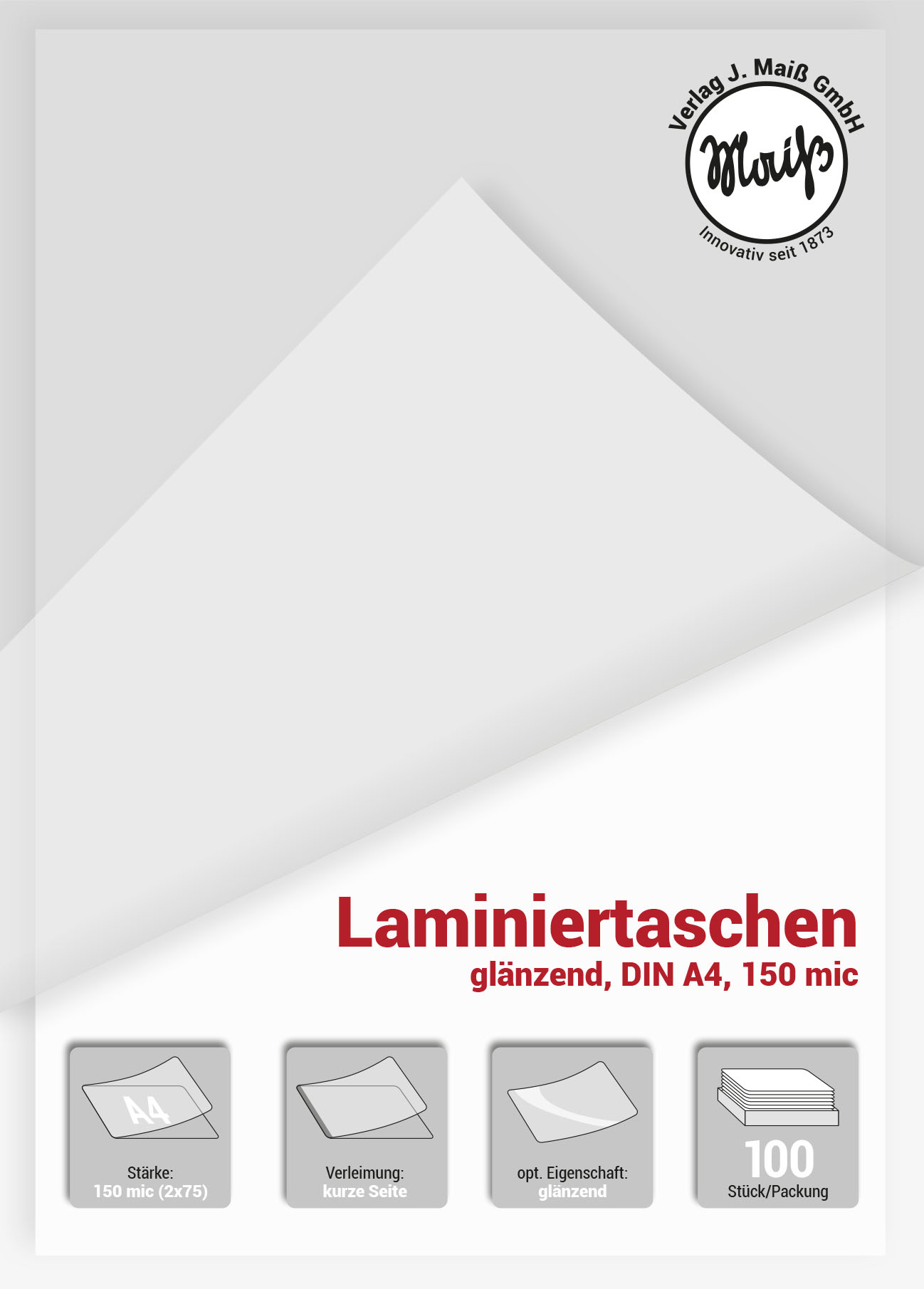 Laminiertaschen A4, 150Mic (2x75) Pack a 100 Stück, glänzend