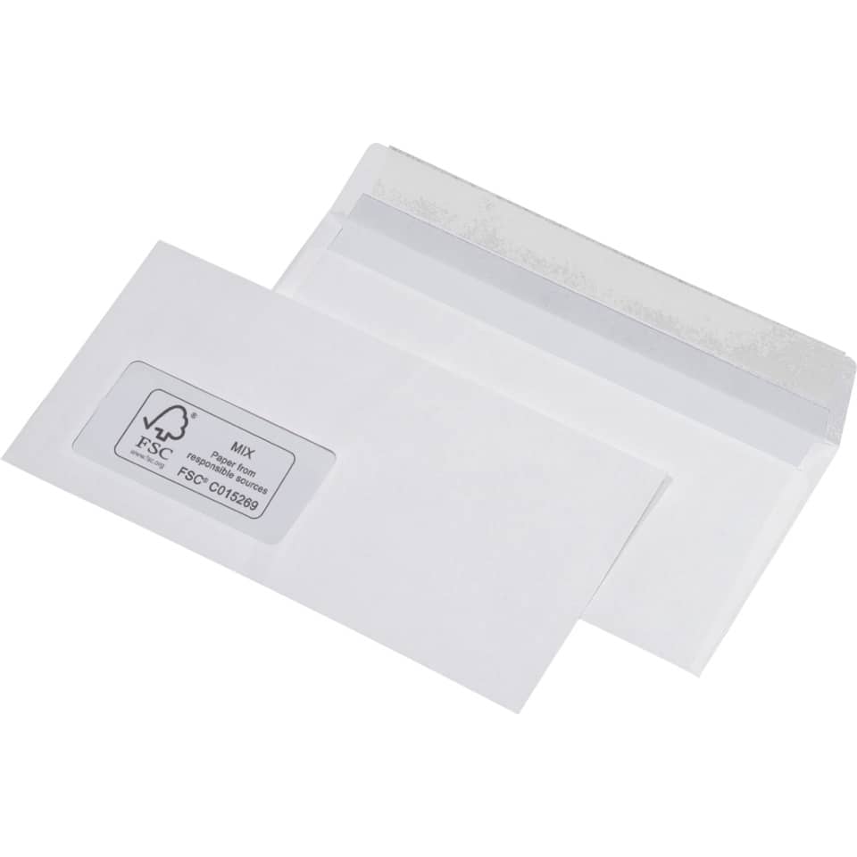 100x Briefumschläge DIN lang (110x220mm), Recycling, mit Fenster, weiß, haftklebend, 100g