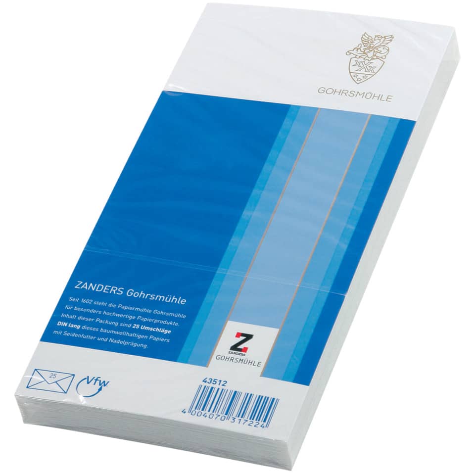 Briefumschlag Gohrmühle - DL, 110 x 220 mm, weiß, gummiert, ohne Fenster, Seidenfutter, 80g, 25 Stück
