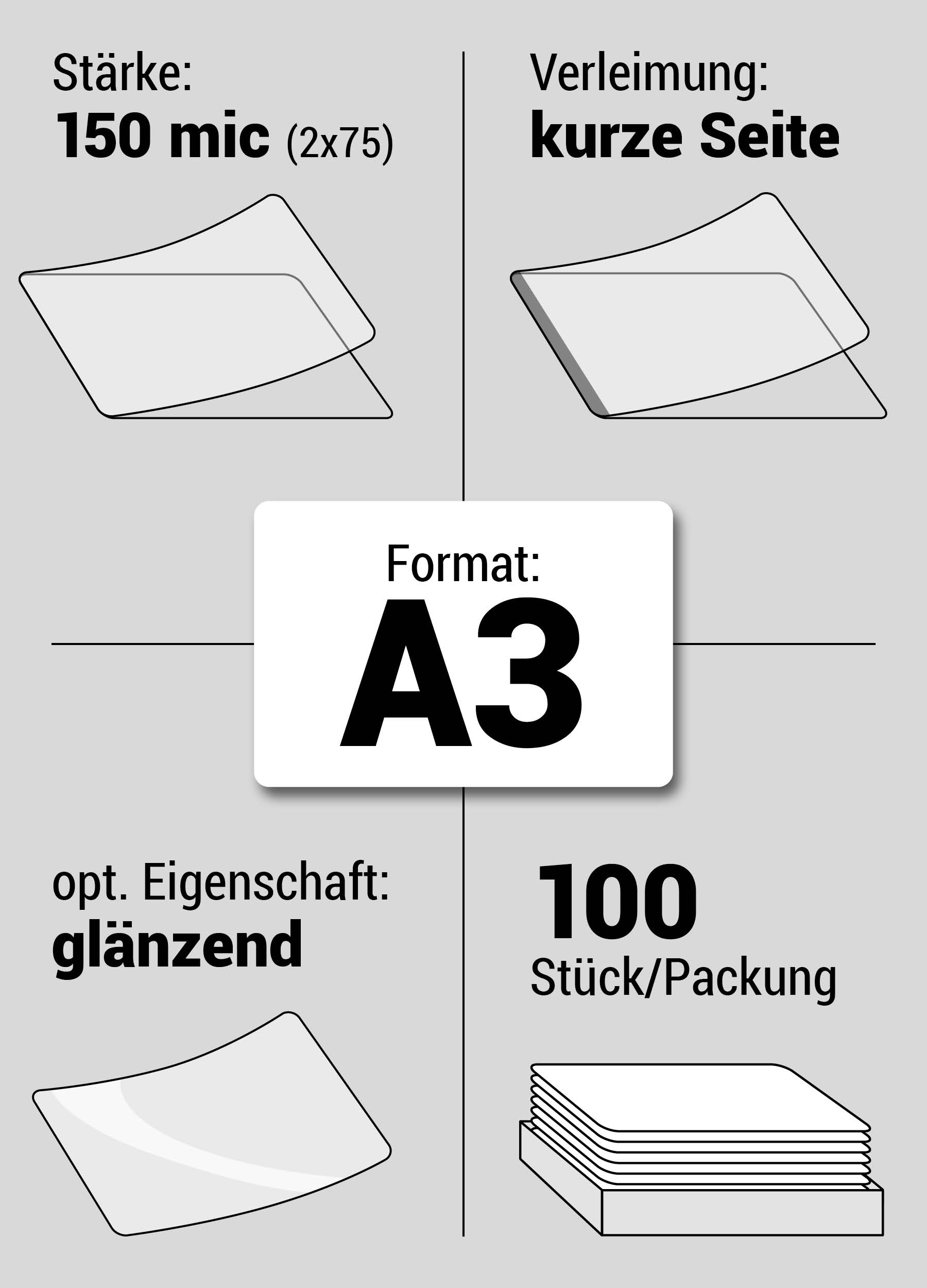 Laminiertaschen A3, 150Mic (2x75) Pack a 100 Stück, glänzend