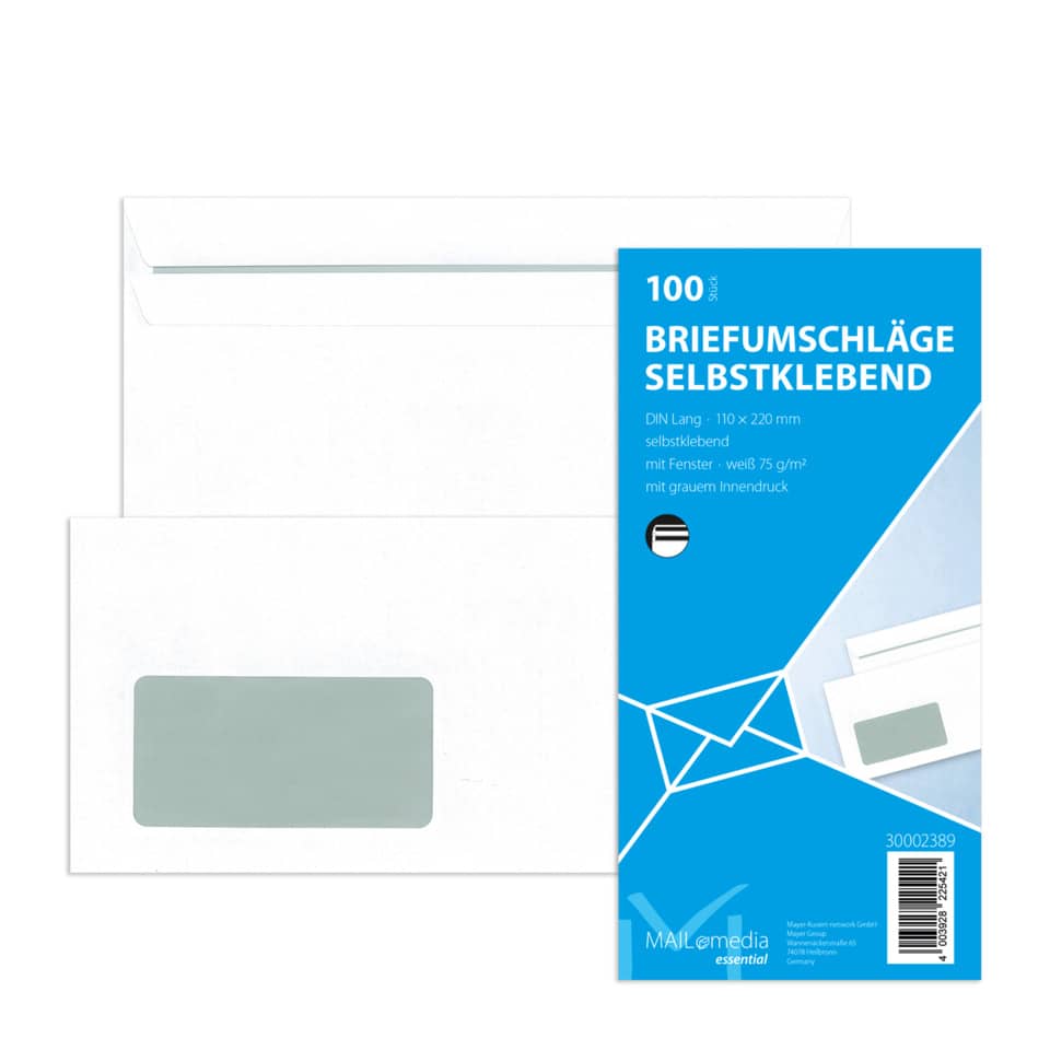 100x Briefumschläge DIN lang (110x220mm), mit Fenster, selbstklebend, 72g