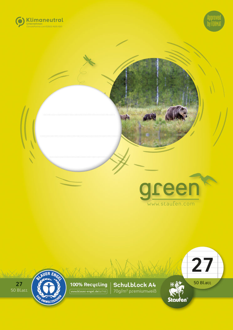 Staufen Green, Schulblock A4, 50 Blatt, 70 g/qm, 9mm liniert mit Randlinien, Lin27