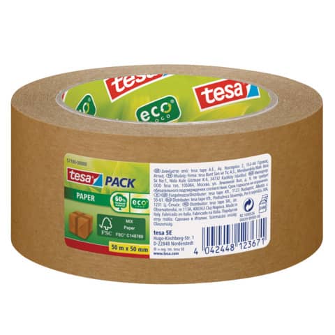 Verpackungsklebeband tesapack® Paper EcoLogo - Pap ier, 50 m x 50 mm, braun