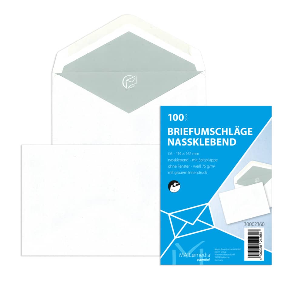 100x Briefumschläge C6 (114x162mm), ohne Fenster, weiß, nassklebend, 75g